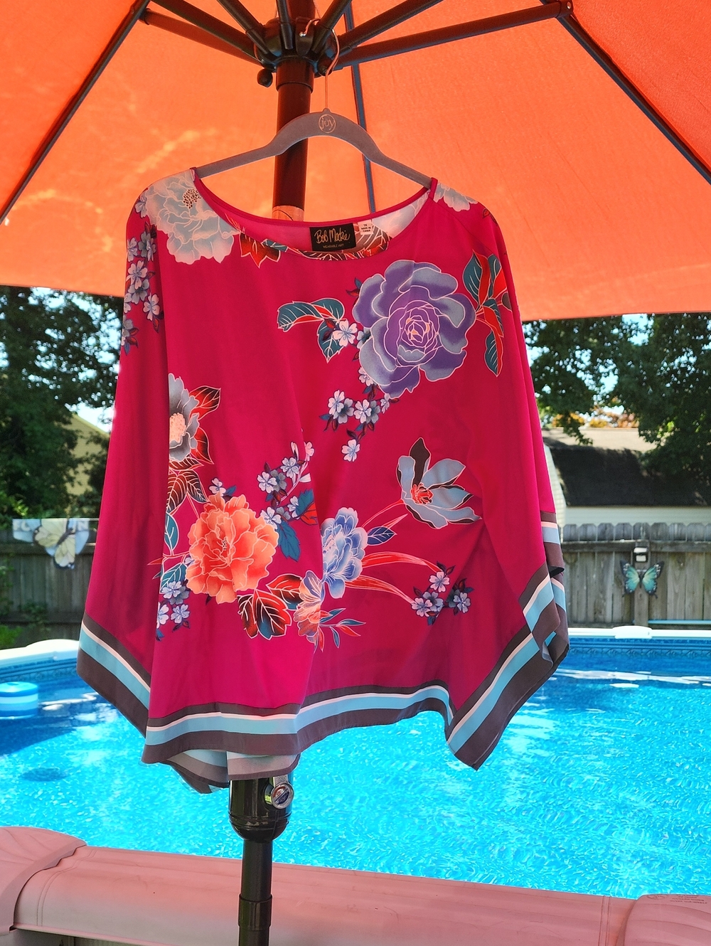 Bob Mackie Fuchsia Floral Tunic Top with Multicolor Blooms